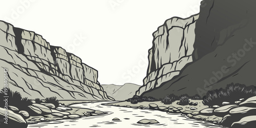 A serene and majestic canyon landscape with towering rock formations and a winding river. Vector