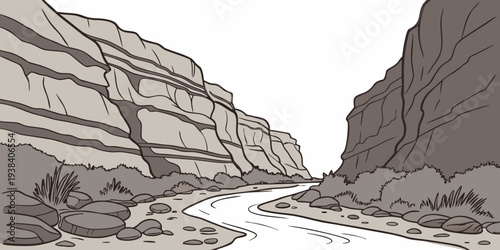 A serene canyon landscape with towering rock formations and a winding path. Vector