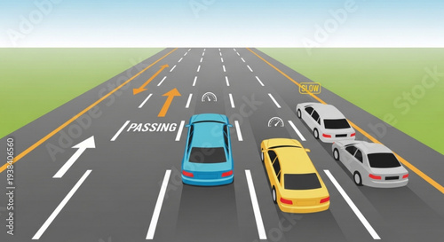 Cars driving on a four lane highway with passing lane indicated various colored vehicles in motion green fields alongside road