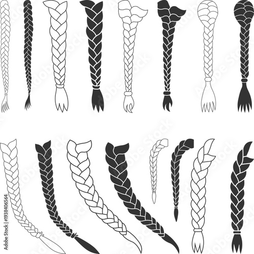 Braided Hair Styles Illustration Set Silhouette, Women's Hair Braided SVG, Fashion Hair Braided Bundle Silhouette, voluminous braids on long hair vector illustration