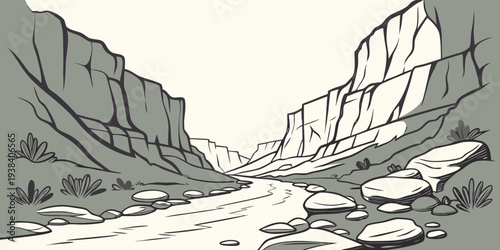 A serene river winding through a vast and rugged canyon landscape Vector