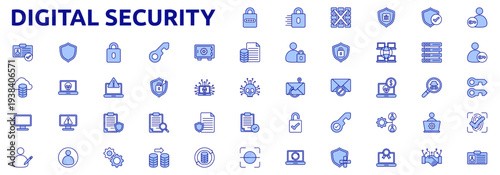 Digital Security icon set color lineal style with password, encryption, firewall, antivirus, secure, login, logout, two factor, biometric, identity, authentication icons