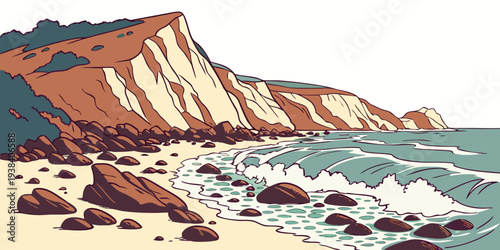 A vibrant painting of a coastal landscape with red cliffs and blue waters Vector