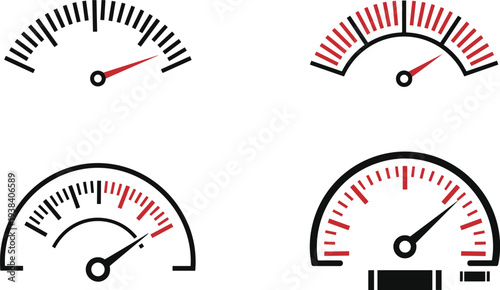 Set of Vector Gauges with Black and Red Indicators for Speed, Measurement, and Performance Monitoring in Digital and Analog Styles