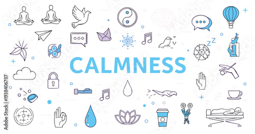 Calmness and Relaxation Icons Set Featuring Meditation, Music, Sleep, Peace, and Tranquil Elements in Outline Style