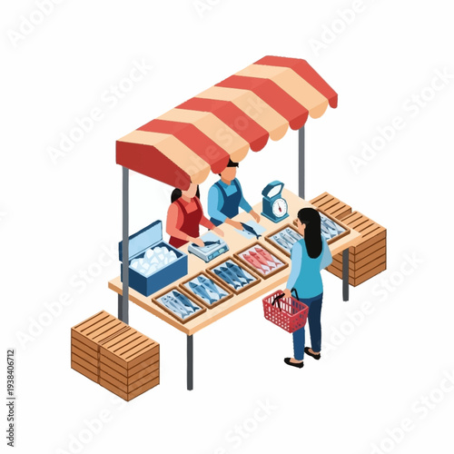 Fish Market Stall with Customers and Vendors.