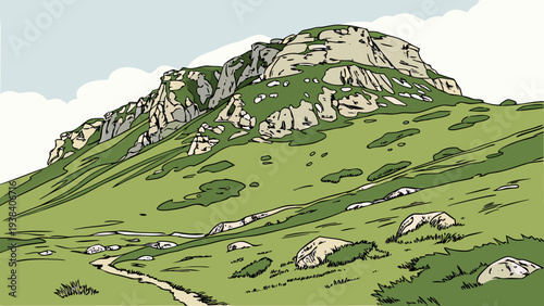 A picturesque village nestled at the foot of a lush, rolling green hillside. Vector