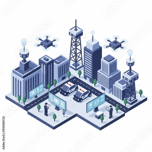 Futuristic Smart City with Drones and Surveillance Technology.