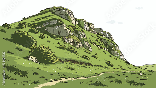 A majestic mountain peak rises above a winding path in a lush green landscape Vector