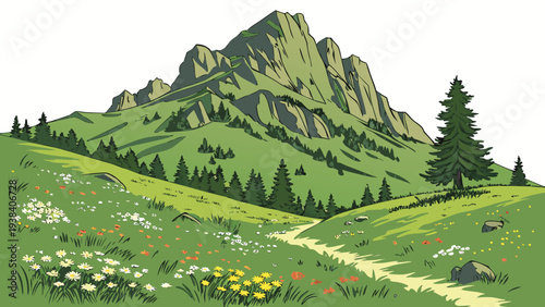 A picturesque landscape featuring a lush green hillside with a winding path and vibrant flora. Vector