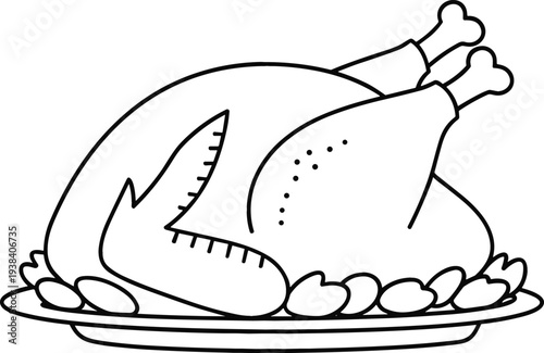 Roasted Whole Chicken on Plate Line Illustration with Garnish for Restaurant Menu, Cooking Recipes, Food Blog, and Culinary Design