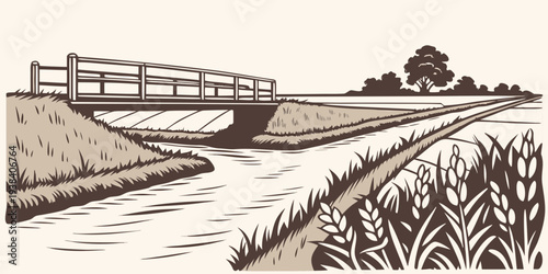 A scenic view of a rural landscape with a bridge and winding road. Vector