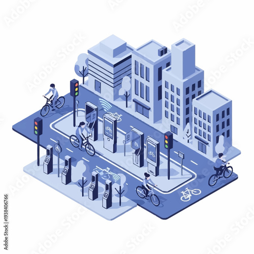 Isometric Cityscape with Cyclists and Urban Infrastructure.