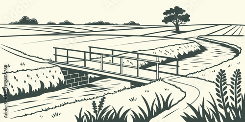 A serene landscape of sheep grazing in a lush, green meadow with a wooden fence. Vector