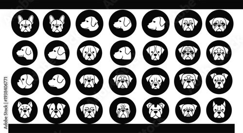 Collection of diverse dog breed icons in circular black badges featuring bulldog boxer pug and lab portraits for pet shop and veterinary branding.