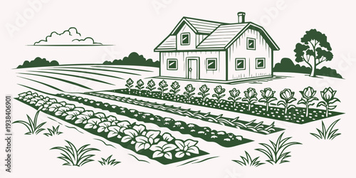 A picturesque countryside scene with a farmhouse and rolling hills. Vector