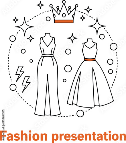 Fashion Presentation Icon Set Featuring Dresses, Crown, and Sparkling Elements in Stylish Outline Design