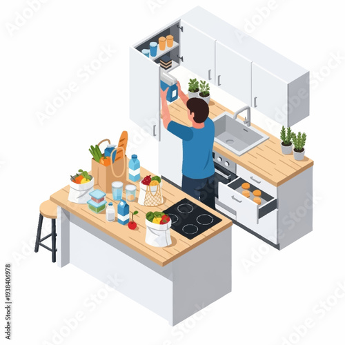 Man organizing kitchen cabinets and preparing food on an island counter.