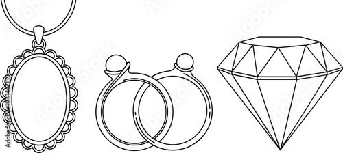 Jewelry Icons Set Featuring Necklace, Rings, and Diamond in Elegant Outline Design