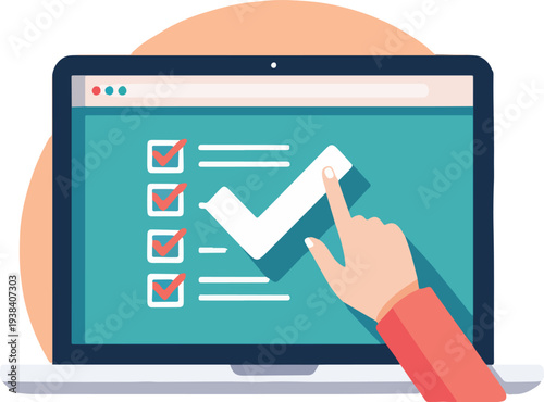 Finestra del browser dell'elenco di controllo. Segno di spunta. Segno di spunta bianco sullo schermo del laptop. Scelta, concetti di indagine. Elementi per banner web, siti web, vettoriale