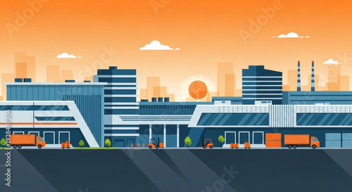 Modern industrial complex with trucks and buildings at sunset.