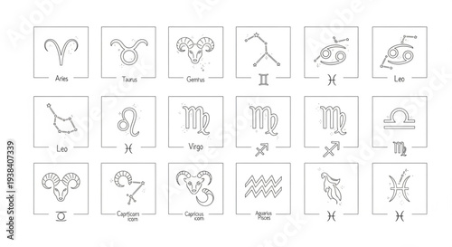 Collection of Zodiac Symbols and Constellations in Outline Style.