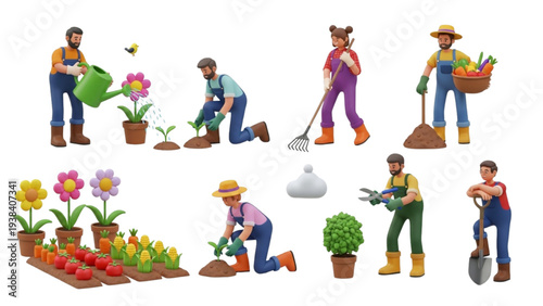 Adults Gardening 3D Style Illustration – 6 Elements Set on White Background
