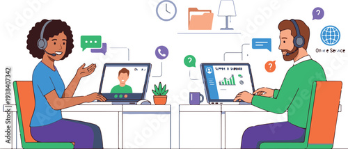 Online customer service representatives with headsets providing technical support