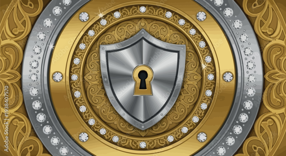 Obraz premium Ornate golden shield design featuring a prominent metallic security keyhole emblem
