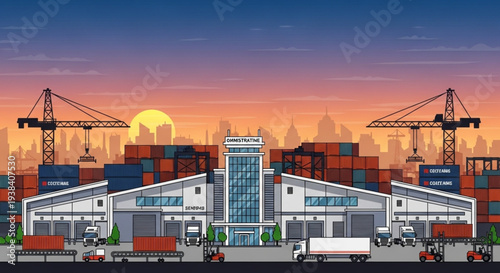Pixel Art Depiction of a Bustling Shipping Port at Sunset.