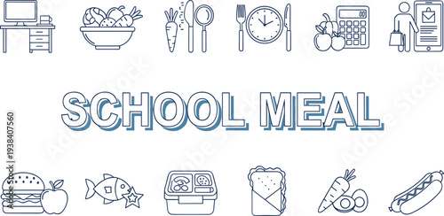 School Meal Icons Set Featuring Food, Lunchbox, Classroom, Healthy Eating, and Meal Preparation in Outline Style