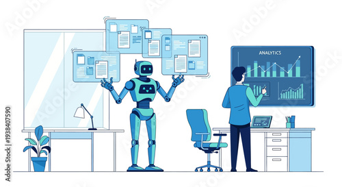Robot standing in office with screens.