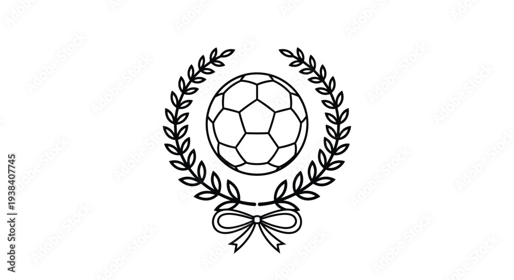Fototapeta premium Soccer Award Icon Featuring Football, Laurel Wreath, and Ribbon in Line Art Style