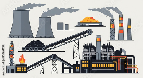 Industrial power plant with cooling towers and smokestacks emitting smoke.