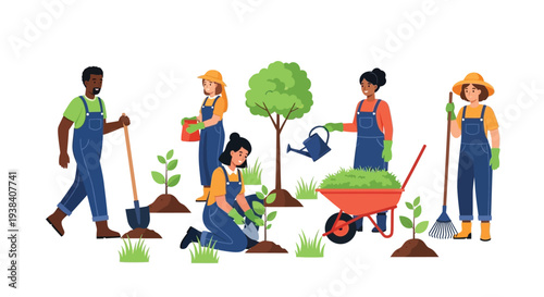 Diverse group of people collaboratively planting trees and tending gardens