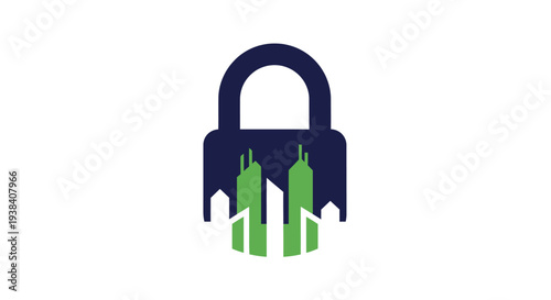 Padlock with cityscape inside.