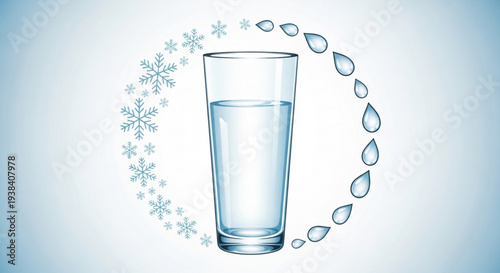 Glass of clear water with snowflakes and droplets in a circular pattern on a white background
