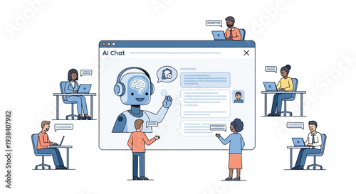 People interacting with AI robot.