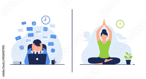 People doing yoga and working.