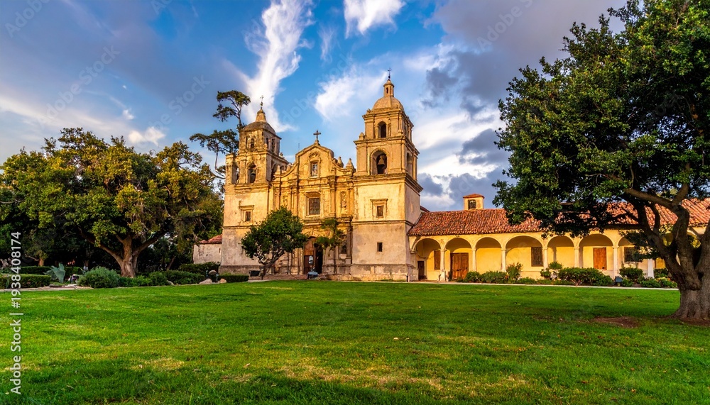 Fototapeta premium Historic Spanish-style mission building with symmetrical facade, two bell towers, central entrance, surrounded by gardens with colorful flowers and green lawns, paved walkway leading to entrance, part