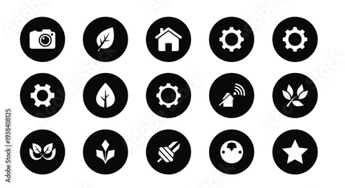 Collection of black circular icons depicting various symbols and concepts