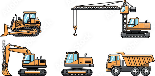 Collection of detailed orange construction vehicles used for building infrastructure projects
