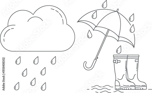 Rainy weather essentials illustration with an umbrella, cloud, and rubber boots.