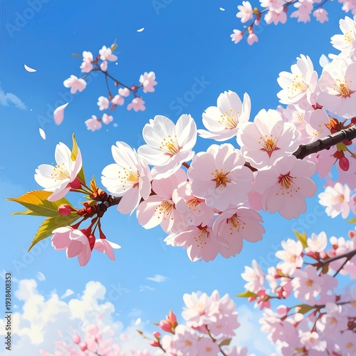 A serene scene of pink cherry blossoms against a clear blue sky