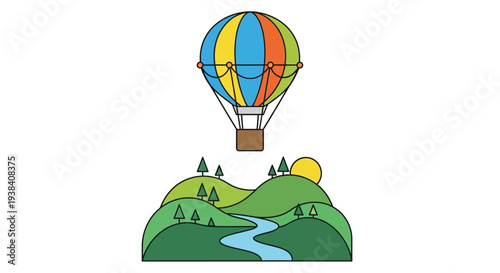 Colorful hot air balloon floats above a green landscape with trees
