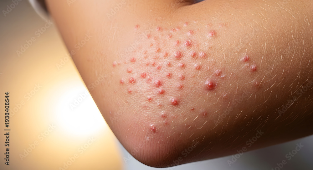 Fototapeta premium Close up of red bumps and pimples on human skin elbow acne
