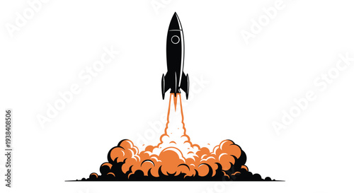 A sleek black rocket ascends with a fiery orange trail