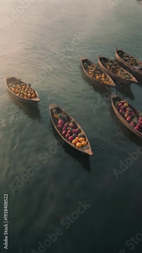Wooden boat with tropical fruits floating on calm water at morning