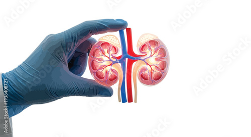 A gloved hand holding a realistic model of human kidneys with vessels