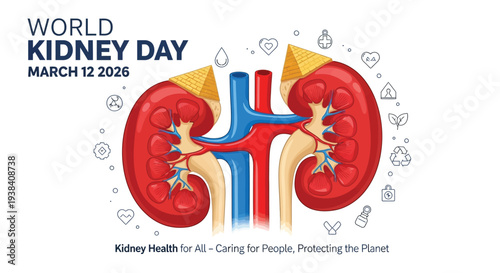 World kidney day 2026 illustration with anatomical kidneys and health icons